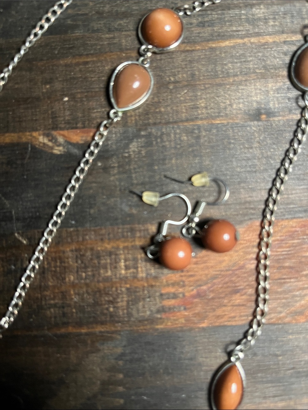 Silver-Tone Necklace & Earrings Set with Brown Cabochon Stones - Picture 2 of 5